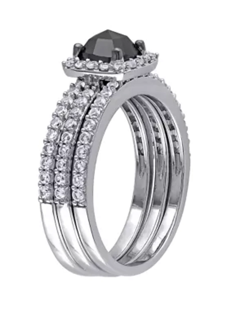 3/4 ct. t.w. Black Diamond and 4/5 Lab Created White Sapphire 3 Piece Bridal Set 10K Gold