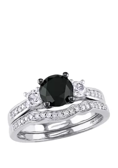 7/8 ct. t.w. Black and White Diamond 1/3 Lab Created Sapphire 3 Stone Bridal Set 10K Gold
