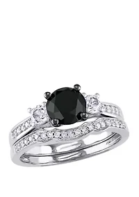 7/8 ct. t.w. Black and White Diamond 1/3 Lab Created Sapphire 3 Stone Bridal Set 10K Gold