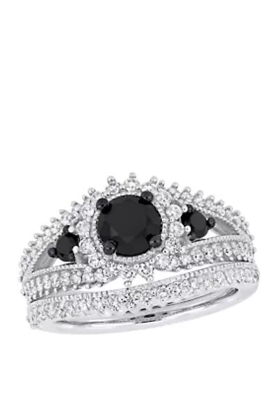 2 ct. t.w. Black and White Diamond Halo Bridal Set 10K Gold