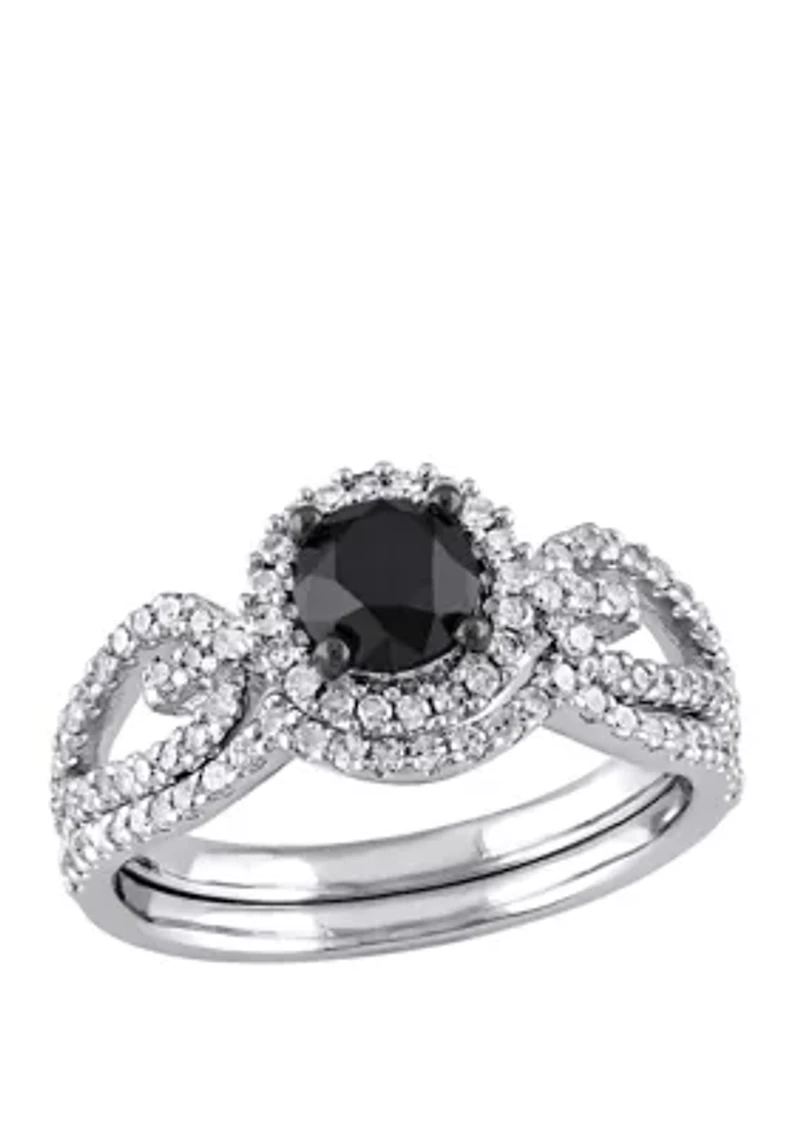 1.5 ct. t.w. Black and White Diamond Halo Crossover Bridal Set 10K Gold
