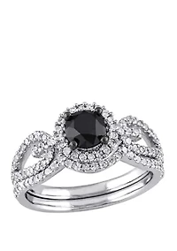 1.5 ct. t.w. Black and White Diamond Halo Crossover Bridal Set 10K Gold