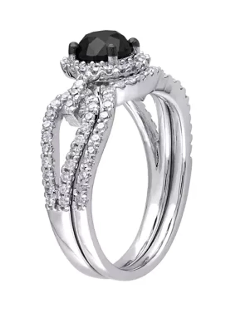 1.5 ct. t.w. Black and White Diamond Halo Crossover Bridal Set 10K Gold