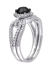 1.5 ct. t.w. Black and White Diamond Halo Crossover Bridal Set 10K Gold