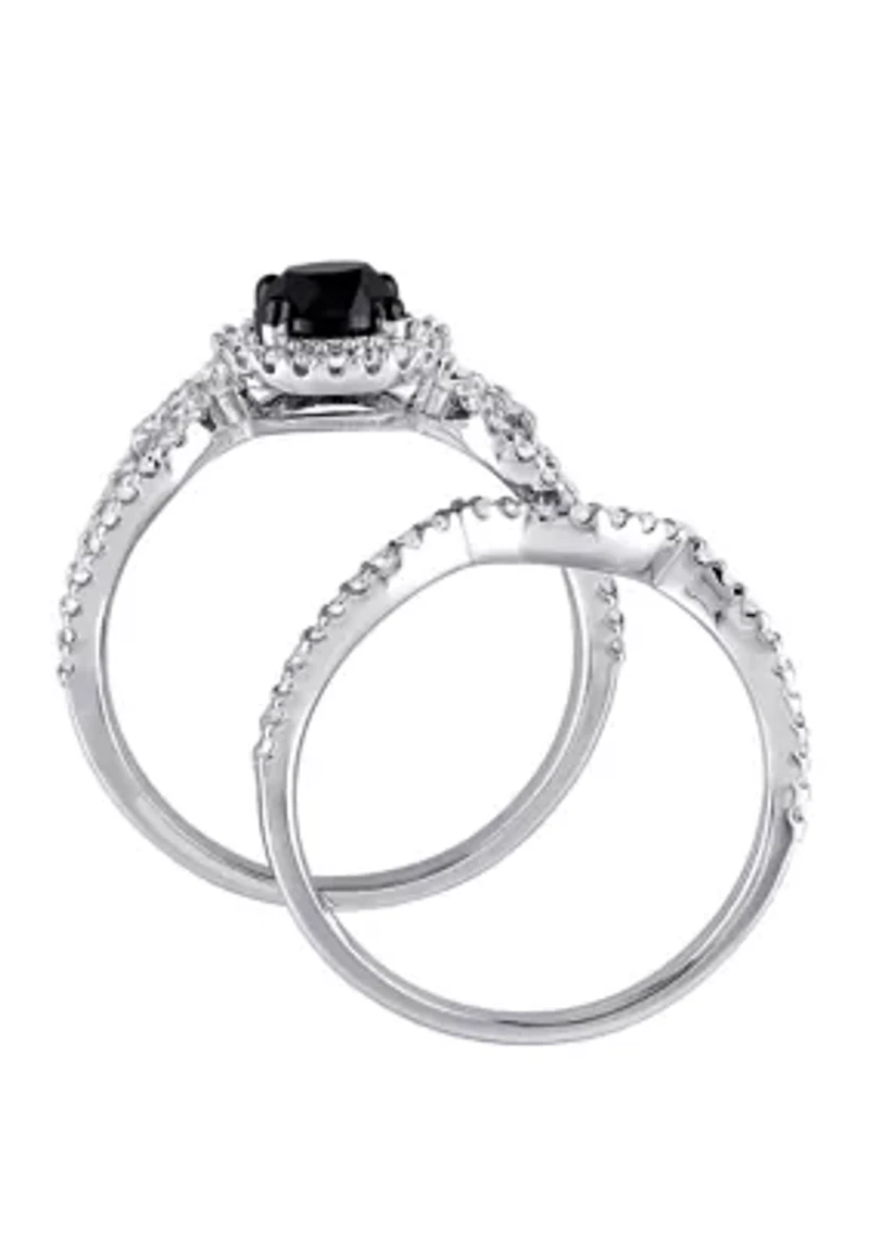 1.5 ct. t.w. Black and White Diamond Halo Crossover Bridal Set 10K Gold