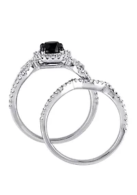 1.5 ct. t.w. Black and White Diamond Halo Crossover Bridal Set 10K Gold