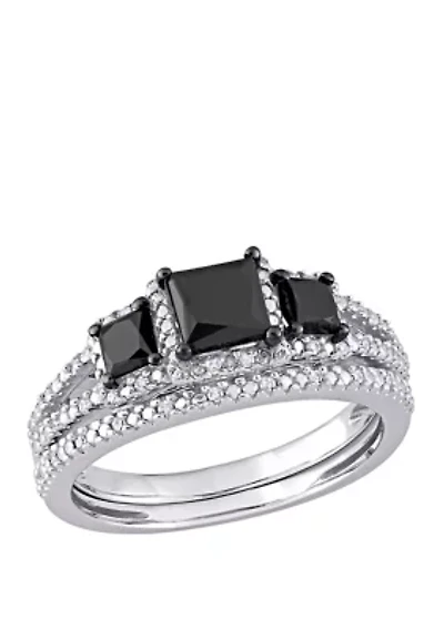 1.6 ct. t.w. Black and White Diamond 3 Stone Bridal Set 10K Gold