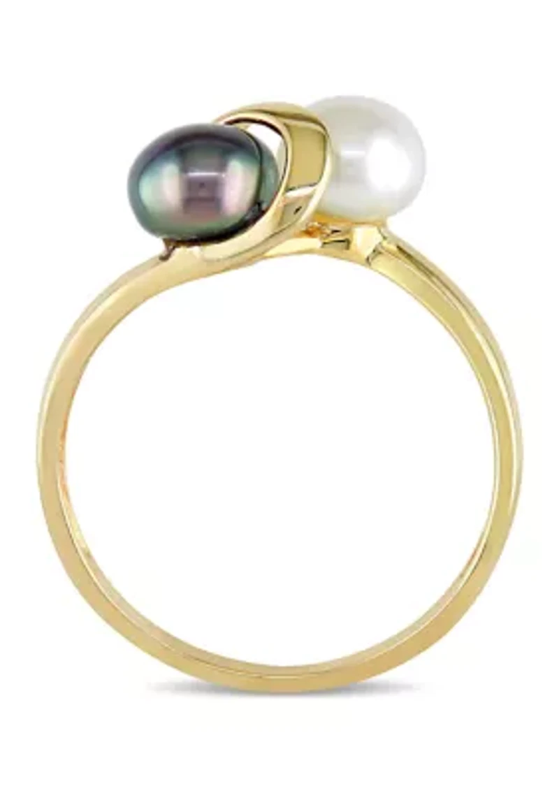 White and Black Cultured Freshwater Pearl Ring 10k Yellow Gold
