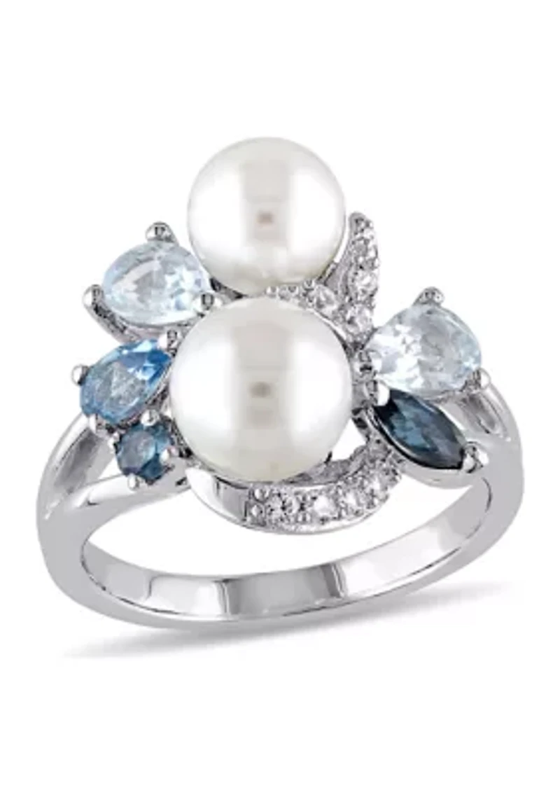 Cultured Freshwater Pearl and 1.75 ct. t.w. Multi-Gemstone Cluster Ring Sterling Silver