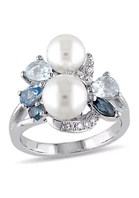 Cultured Freshwater Pearl and 1.75 ct. t.w. Multi-Gemstone Cluster Ring Sterling Silver