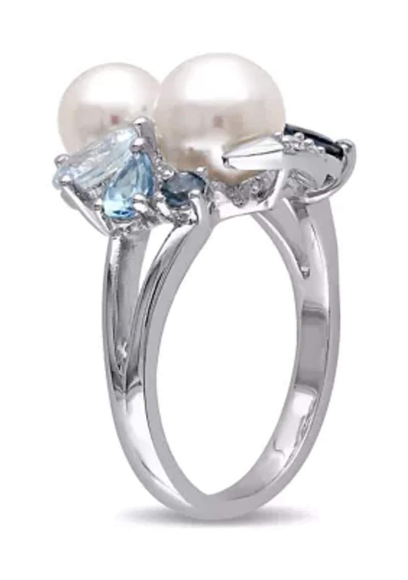 Cultured Freshwater Pearl and 1.75 ct. t.w. Multi-Gemstone Cluster Ring Sterling Silver