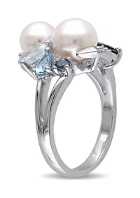Cultured Freshwater Pearl and 1.75 ct. t.w. Multi-Gemstone Cluster Ring Sterling Silver