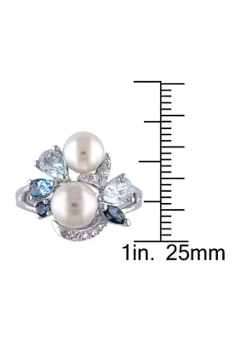 Cultured Freshwater Pearl and 1.75 ct. t.w. Multi-Gemstone Cluster Ring Sterling Silver