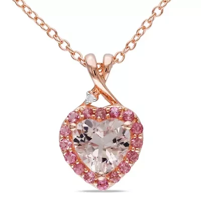 Diamond & Morganite & Pink Tourmaline Pendant with Chain in Rose Plated Sterling Silver