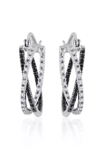 Black and White Diamond Hoop Earrings in Sterling Silver