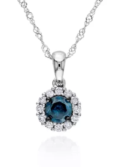 Blue and White Diamond Pendant in 14k White Gold
