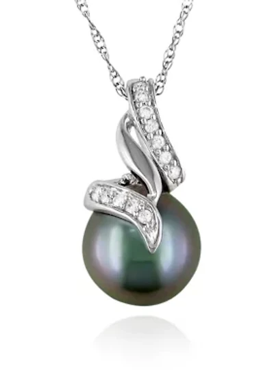 10k White Gold Black Tahitian Pearl and Diamond Pendant