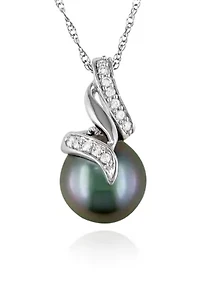 10k White Gold Black Tahitian Pearl and Diamond Pendant