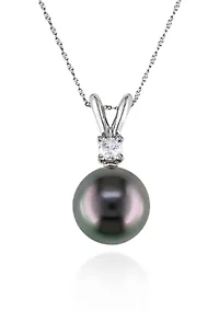 14k White Gold Black Tahitian Pearl and Diamond Pendant