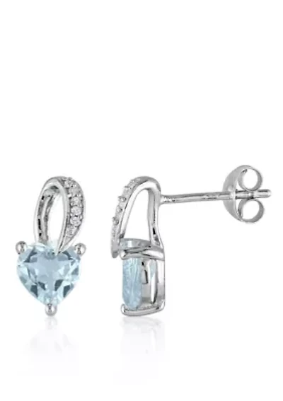 Sterling Silver Aquamarine and Diamond Heart Earrings