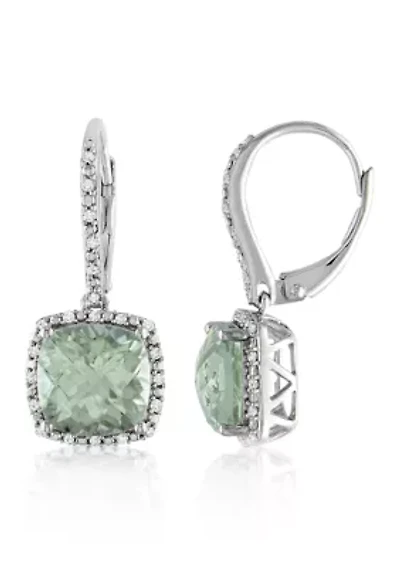 Green Amethyst and Diamond Earrings in Sterling Silver