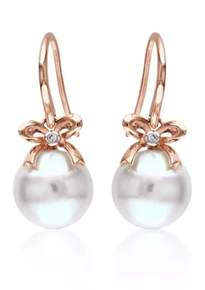 10k Rose Gold Cultured Freshwater Pearl and Diamond Bow Earrings