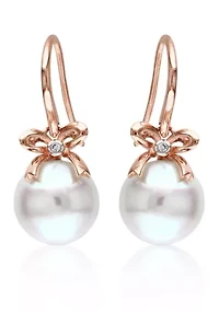10k Rose Gold Cultured Freshwater Pearl and Diamond Bow Earrings