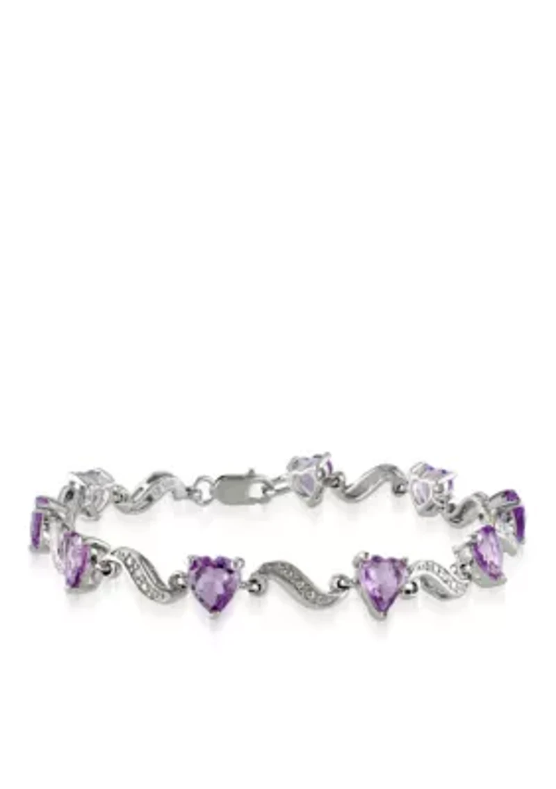 Sterling Silver Amethyst and Diamond Heart Bracelet