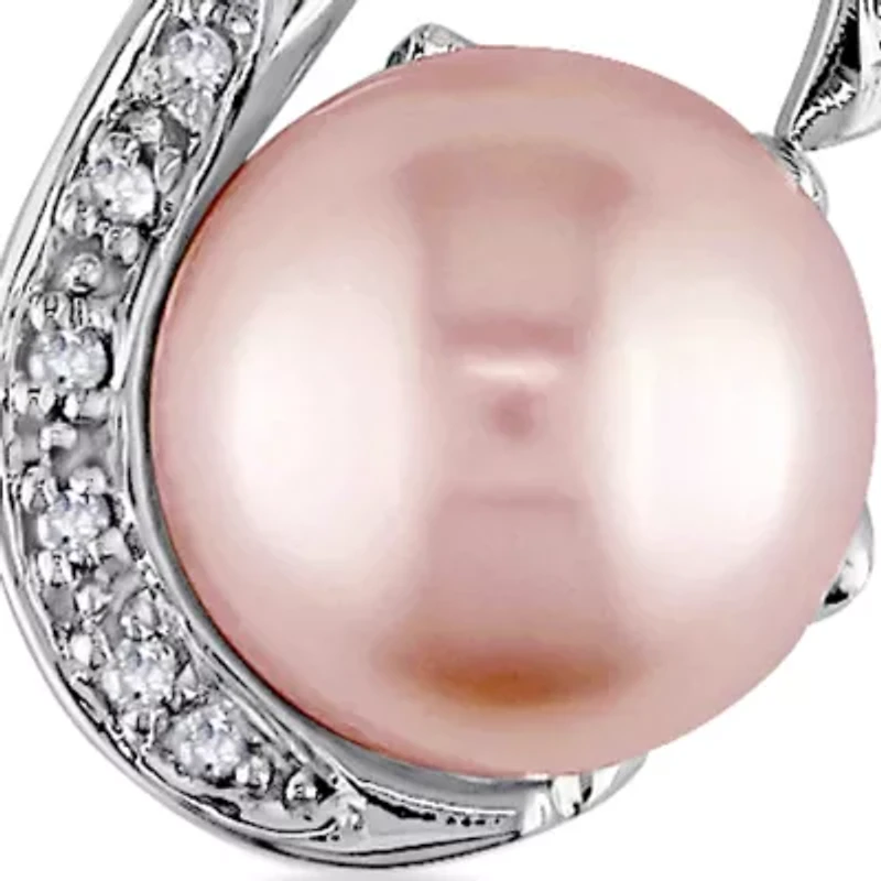 Sterling Silver Pink Cultured Freshwater Pearl and Diamond Earrings
