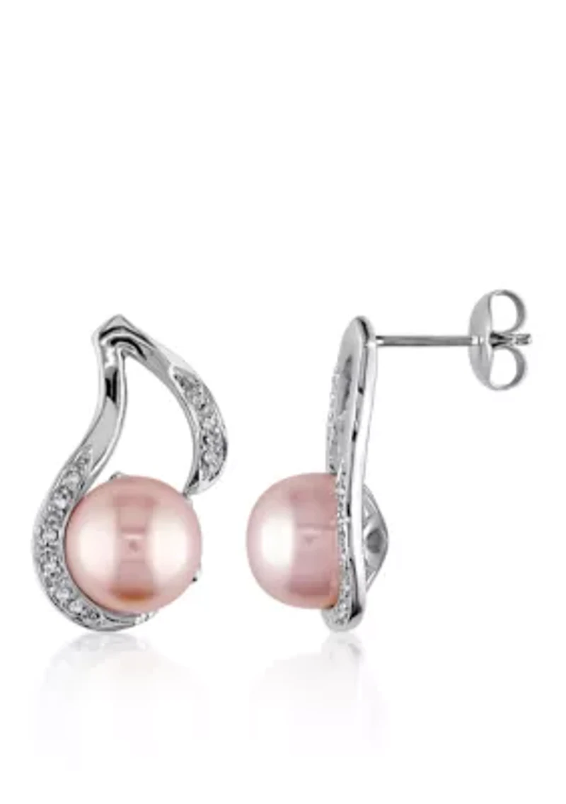 Sterling Silver Pink Cultured Freshwater Pearl and Diamond Earrings
