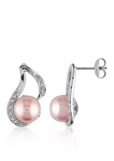 Sterling Silver Pink Cultured Freshwater Pearl and Diamond Earrings