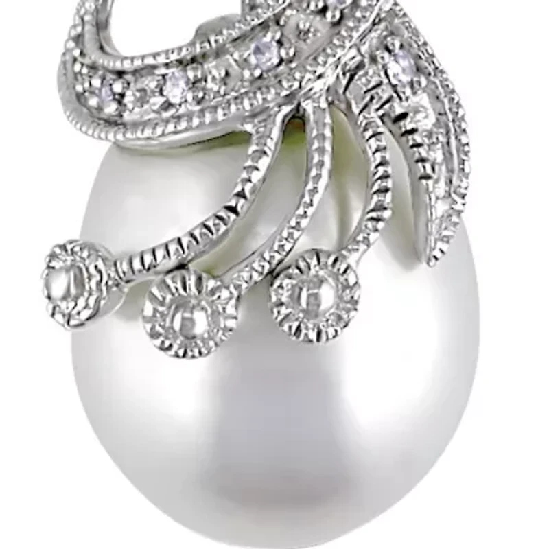 Sterling Silver White Cultured Freshwater Pearl and Diamond Pendant