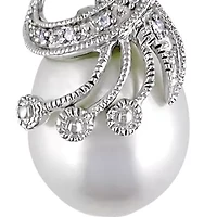 Sterling Silver White Cultured Freshwater Pearl and Diamond Pendant