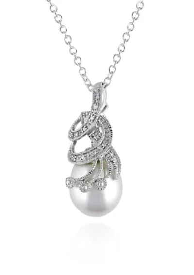 Sterling Silver White Cultured Freshwater Pearl and Diamond Pendant