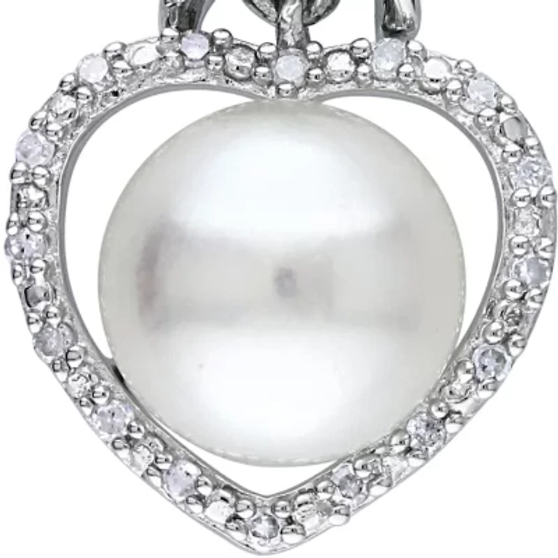 Sterling Silver White Cultured Freshwater Pearl and Diamond Heart Pendant