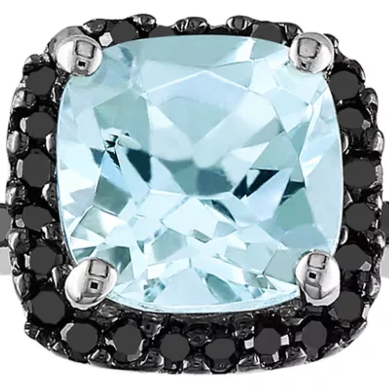 10k White Gold Aquamarine and Black Diamond Ring