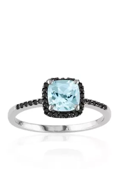 10k White Gold Aquamarine and Black Diamond Ring