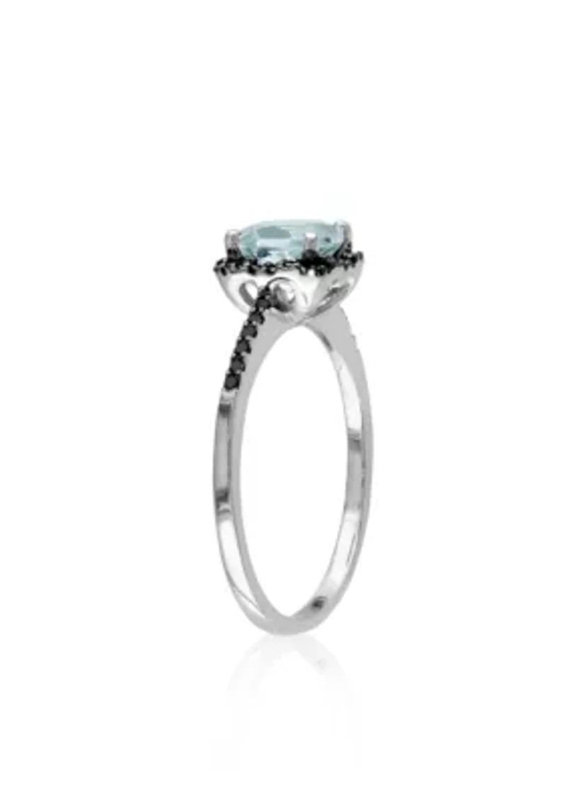 10k White Gold Aquamarine and Black Diamond Ring