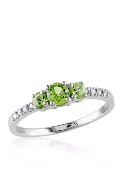 10k White Gold 3 Stone Peridot and Diamond Ring