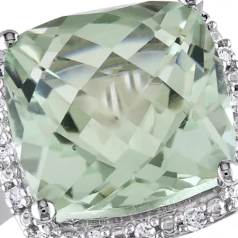 10k White Gold Green Amethyst and Diamond Ring