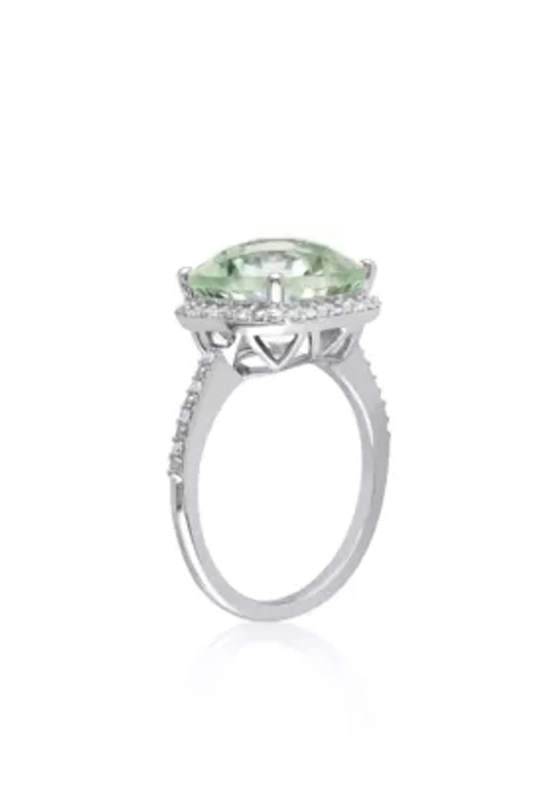 10k White Gold Green Amethyst and Diamond Ring