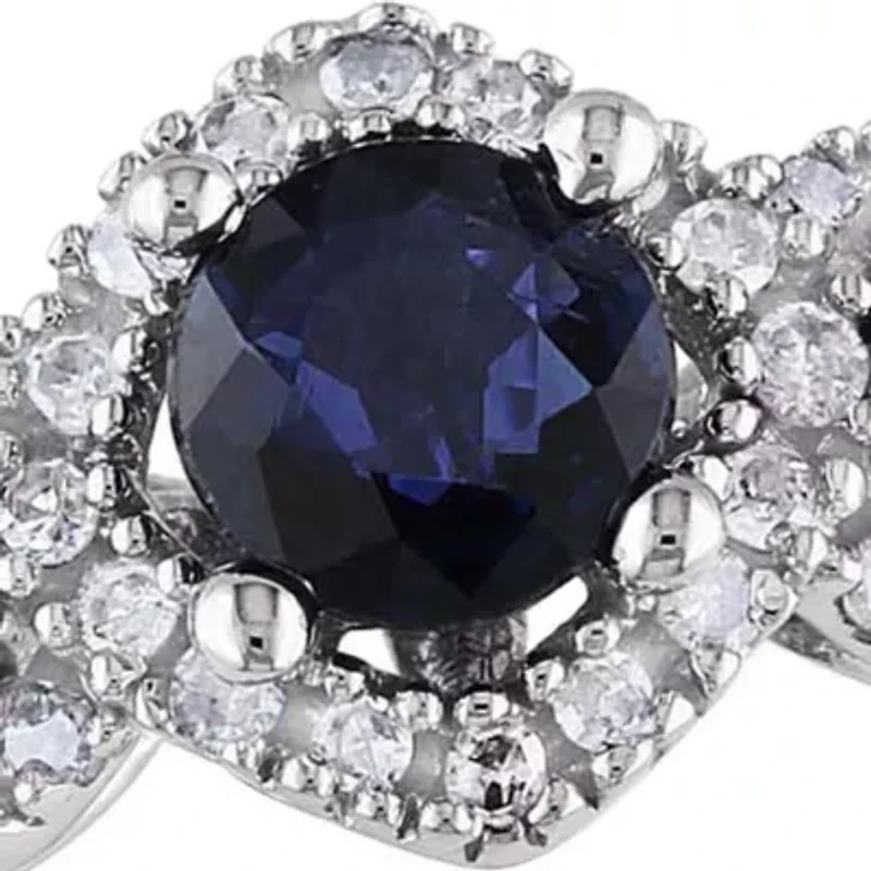 10k White Gold 3 Stone Sapphire and Diamond Ring