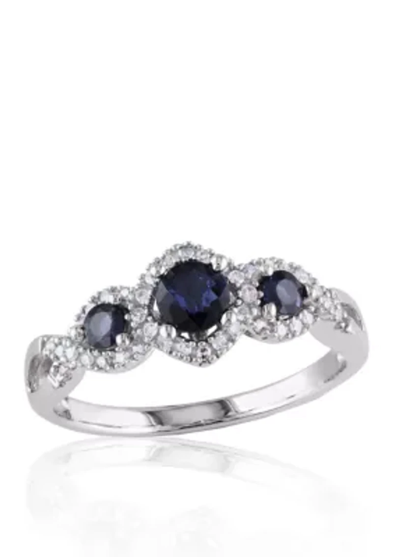 10k White Gold 3 Stone Sapphire and Diamond Ring