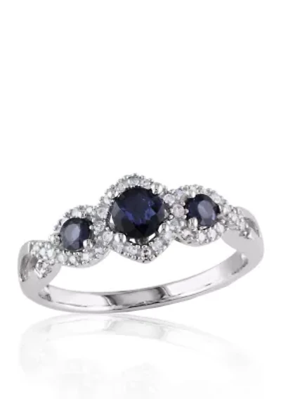10k White Gold 3 Stone Sapphire and Diamond Ring