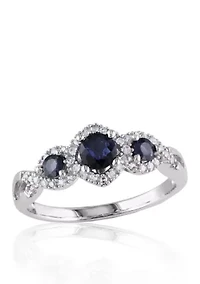10k White Gold 3 Stone Sapphire and Diamond Ring