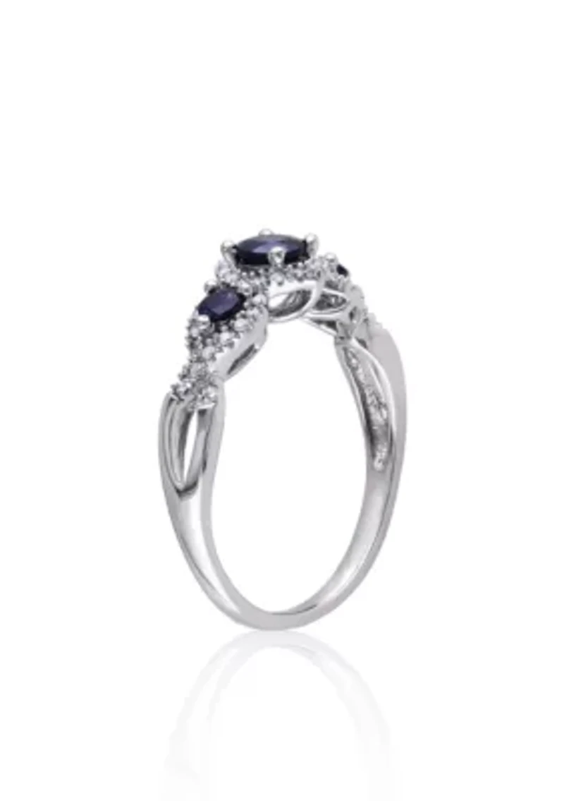10k White Gold 3 Stone Sapphire and Diamond Ring