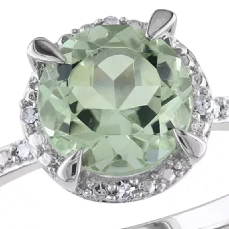 10k White Gold Green Amethyst and Diamond Ring