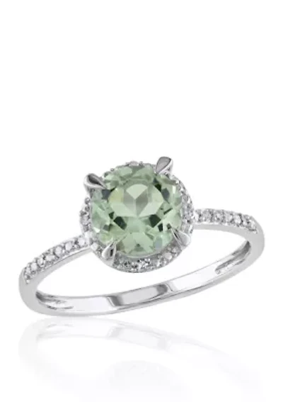 10k White Gold Green Amethyst and Diamond Ring