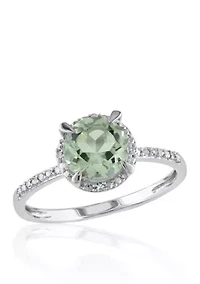10k White Gold Green Amethyst and Diamond Ring