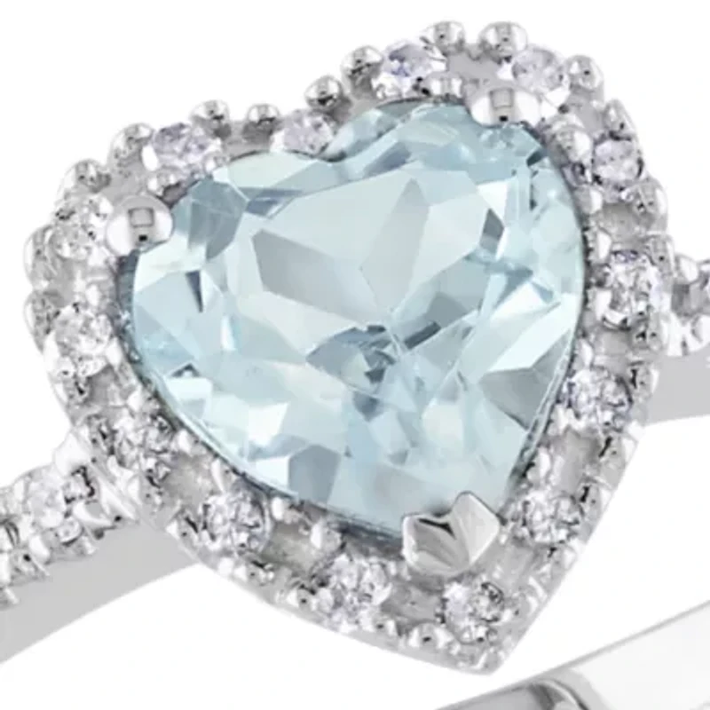 Sterling Silver Aquamarine and Diamond Heart Ring